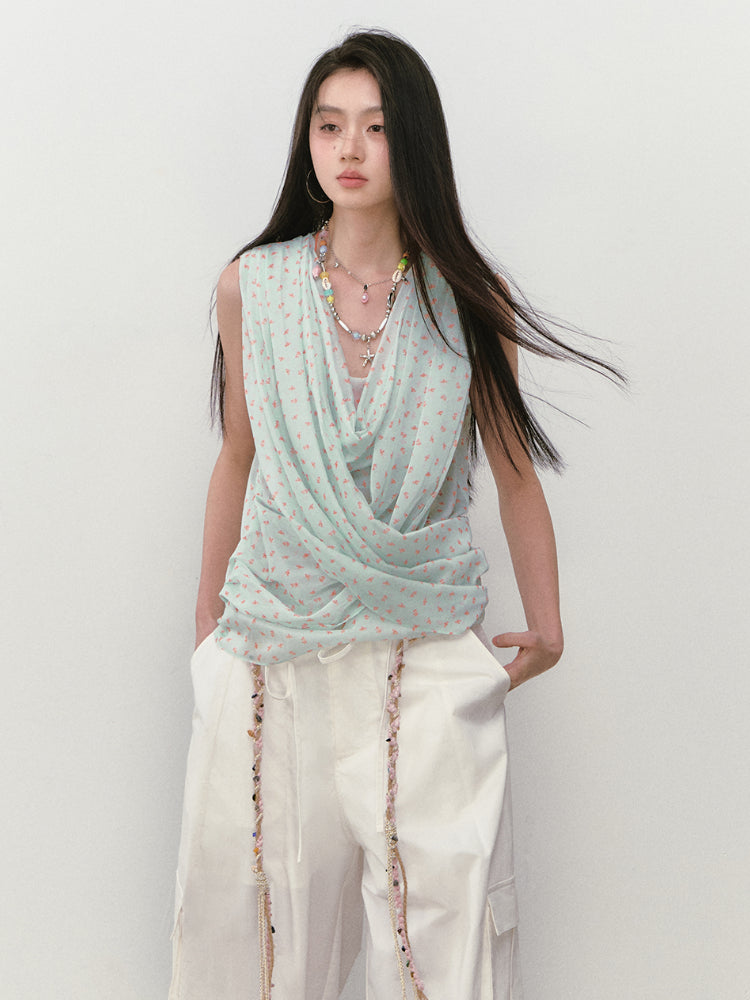Small Floral Cowl Neck Sleeveless Vest - CHINASQUAD