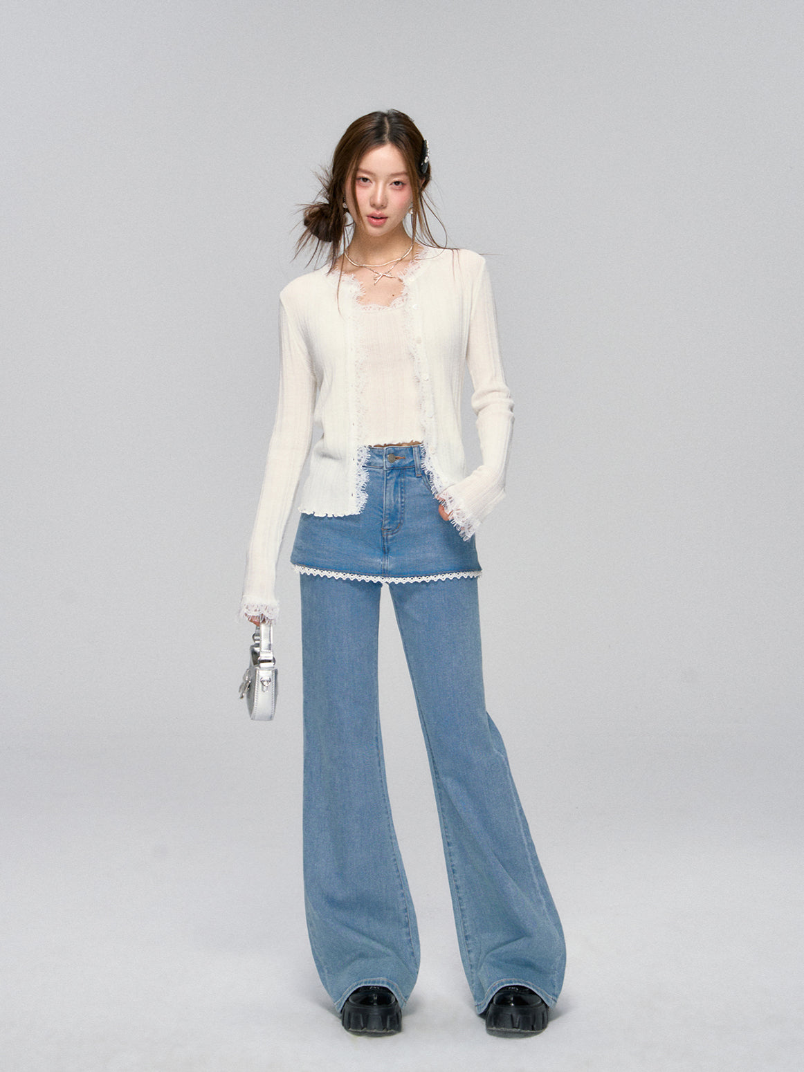 Lace Layered Faux Two-Piece Denim Pants - CHINASQUAD