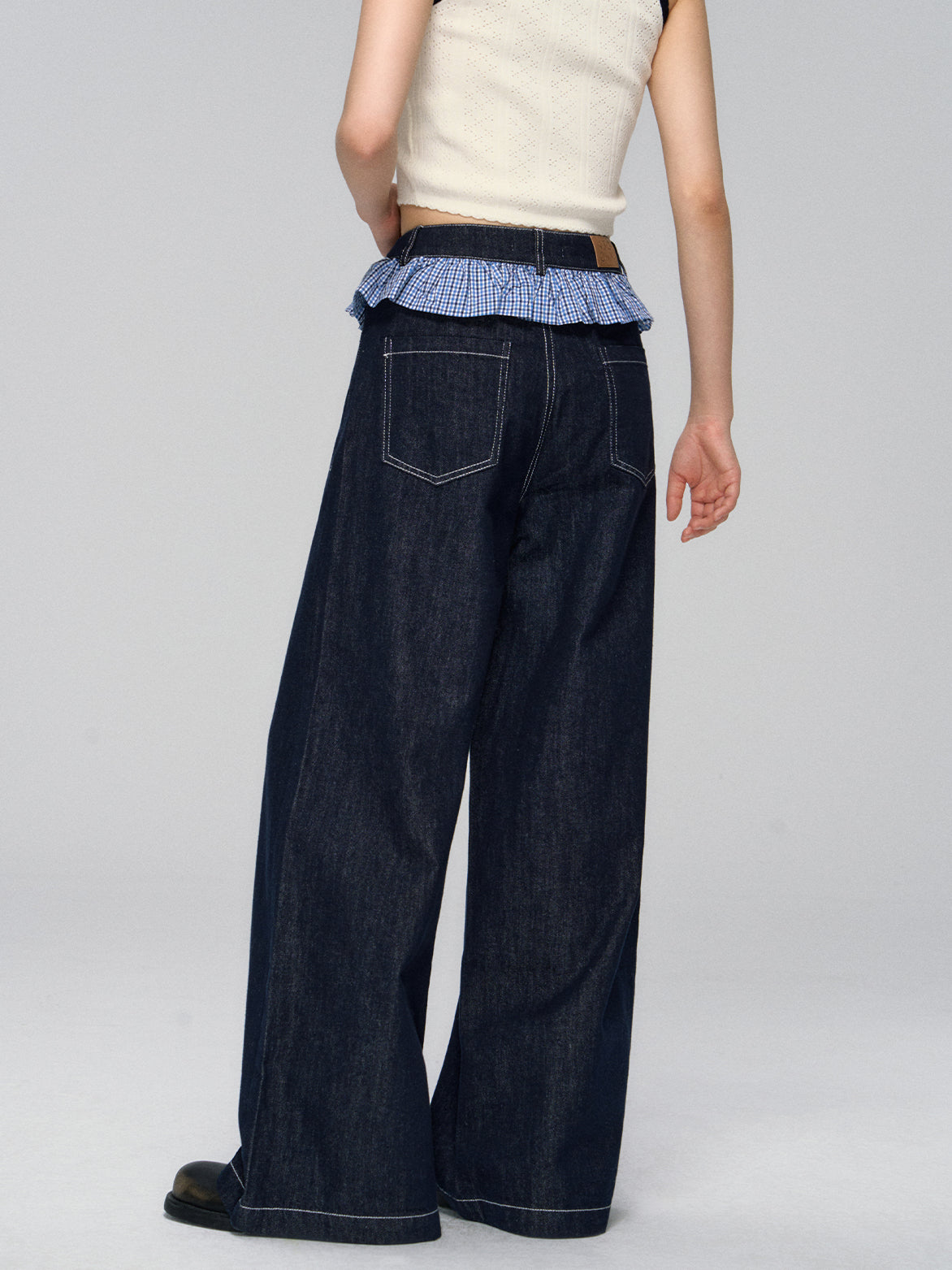 Ruffled Plaid Patchwork Straight Jeans - CHINASQUAD