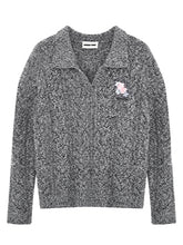 Black & Brown Floral Embellished Collared Knit Sweater - CHINASQUAD