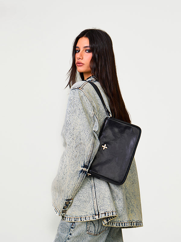 Black & Silver Badge Leather Bag - CHINASQUAD