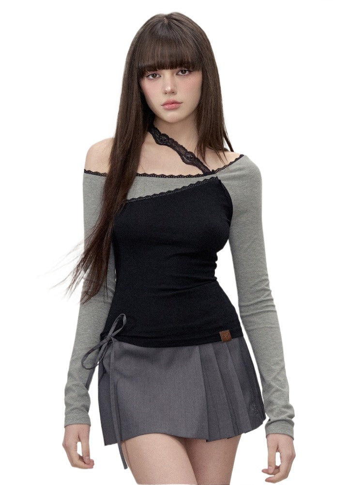 Lace Patchwork Colorblock Long Sleeve T-shirt - CHINASQUAD