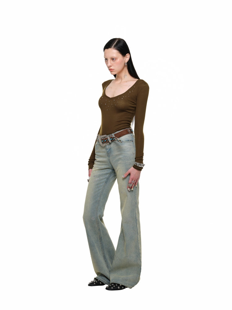 Deep V-Neck Studded Rhinestone Top - CHINASQUAD