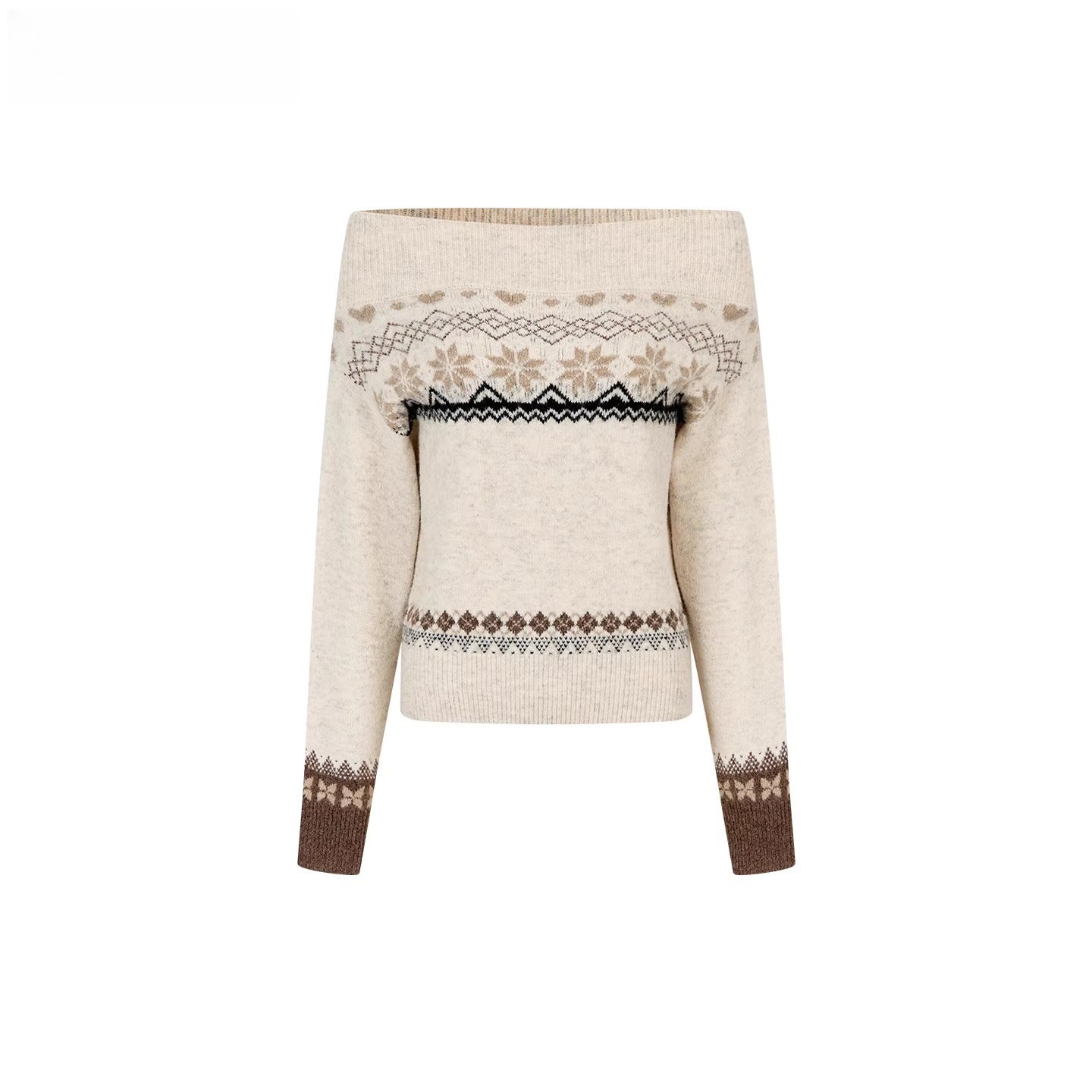Fair Isle Off-Shoulder Wool Blend Knit Sweater