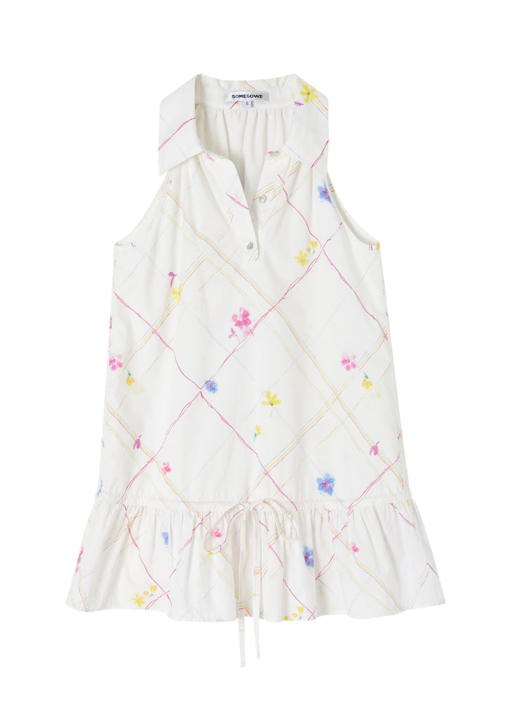 French-Style Printed Sleeveless Halter Tie-Up Top - CHINASQUAD