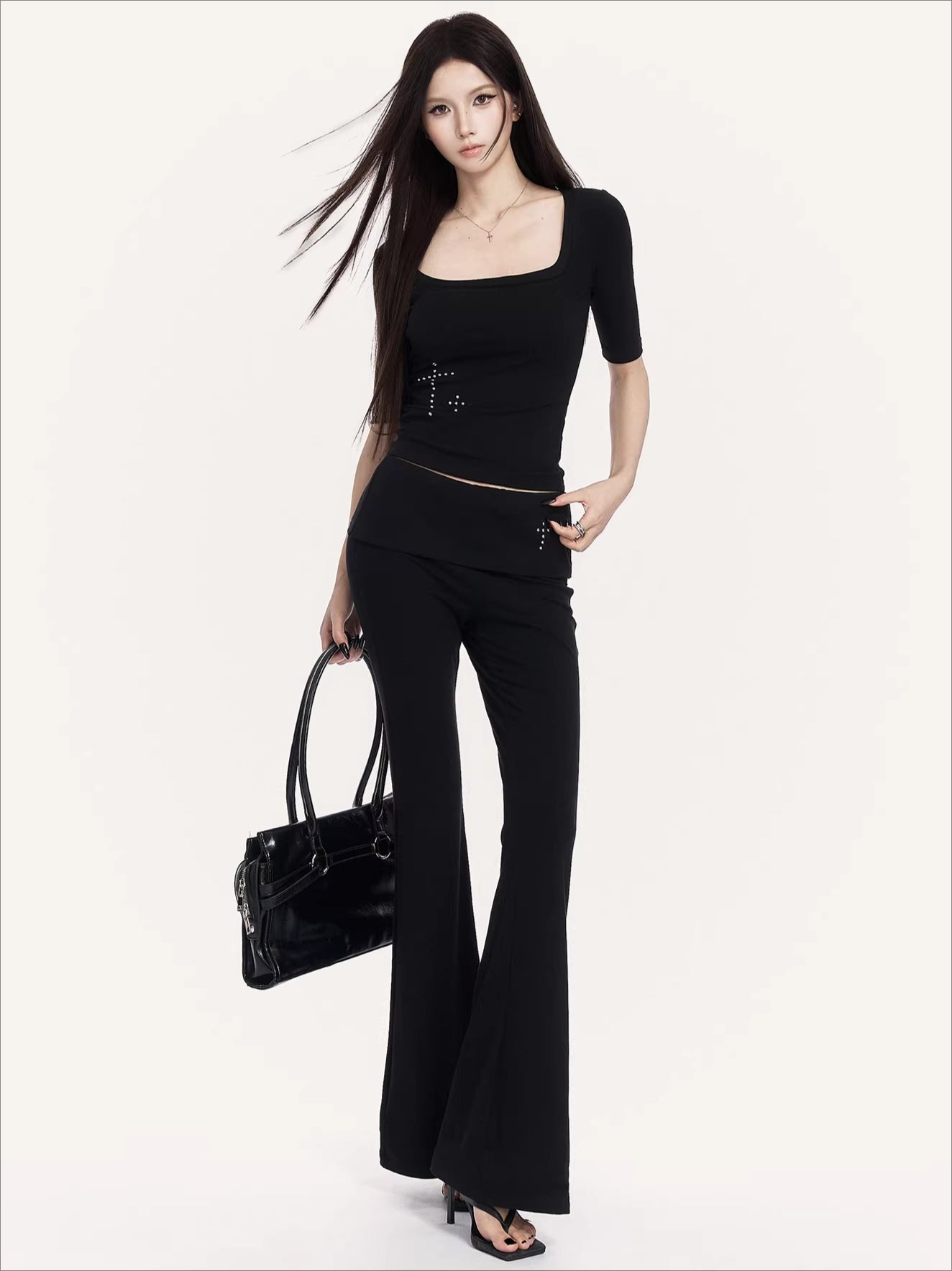 Square Neck Cropped Tee & Flare Pants Set
