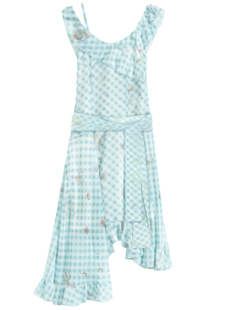 Checkered Print Asymmetrical Slip Dress - CHINASQUAD