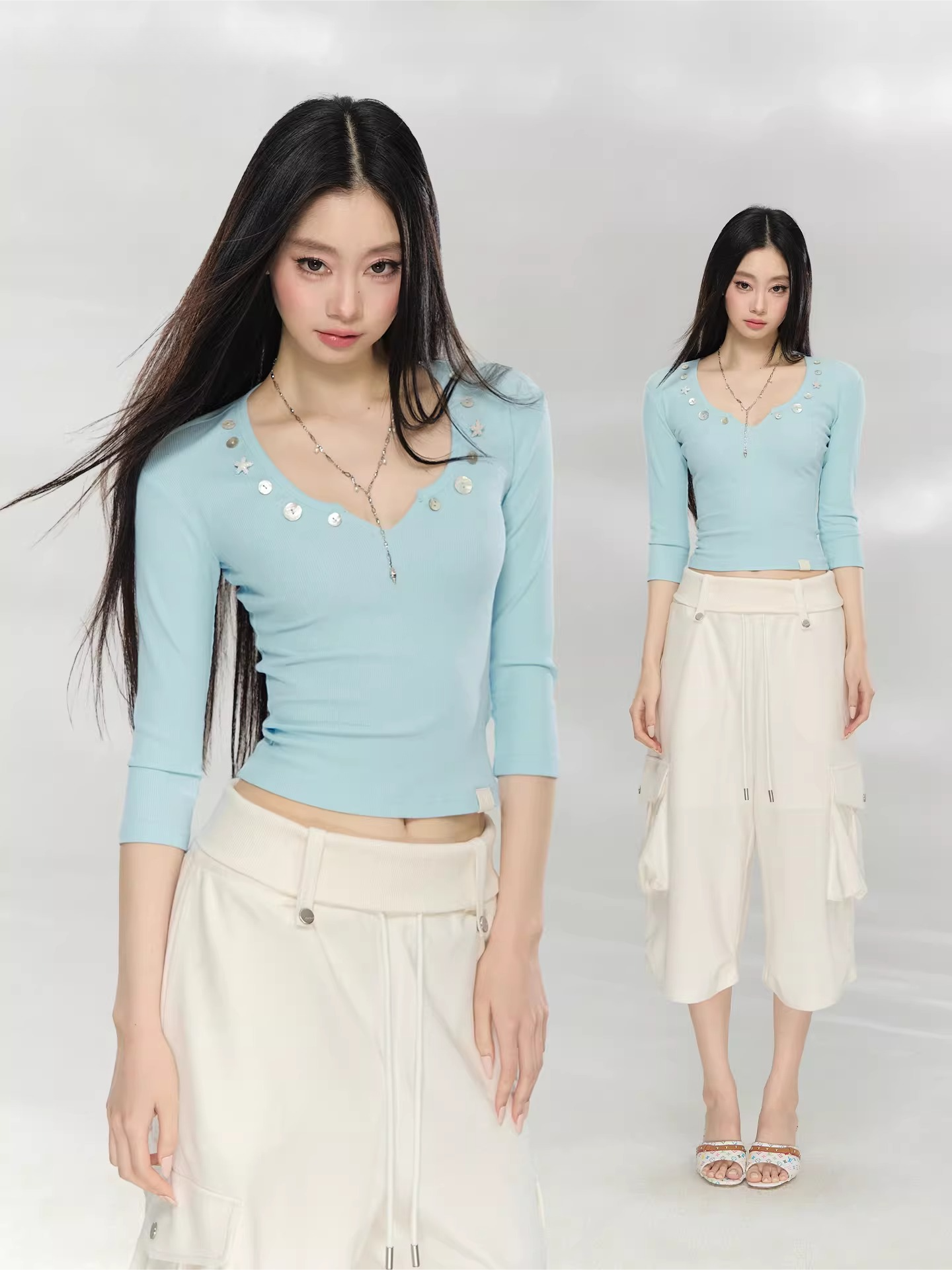 Studded V-Neck Cropped Knit T-Shirts