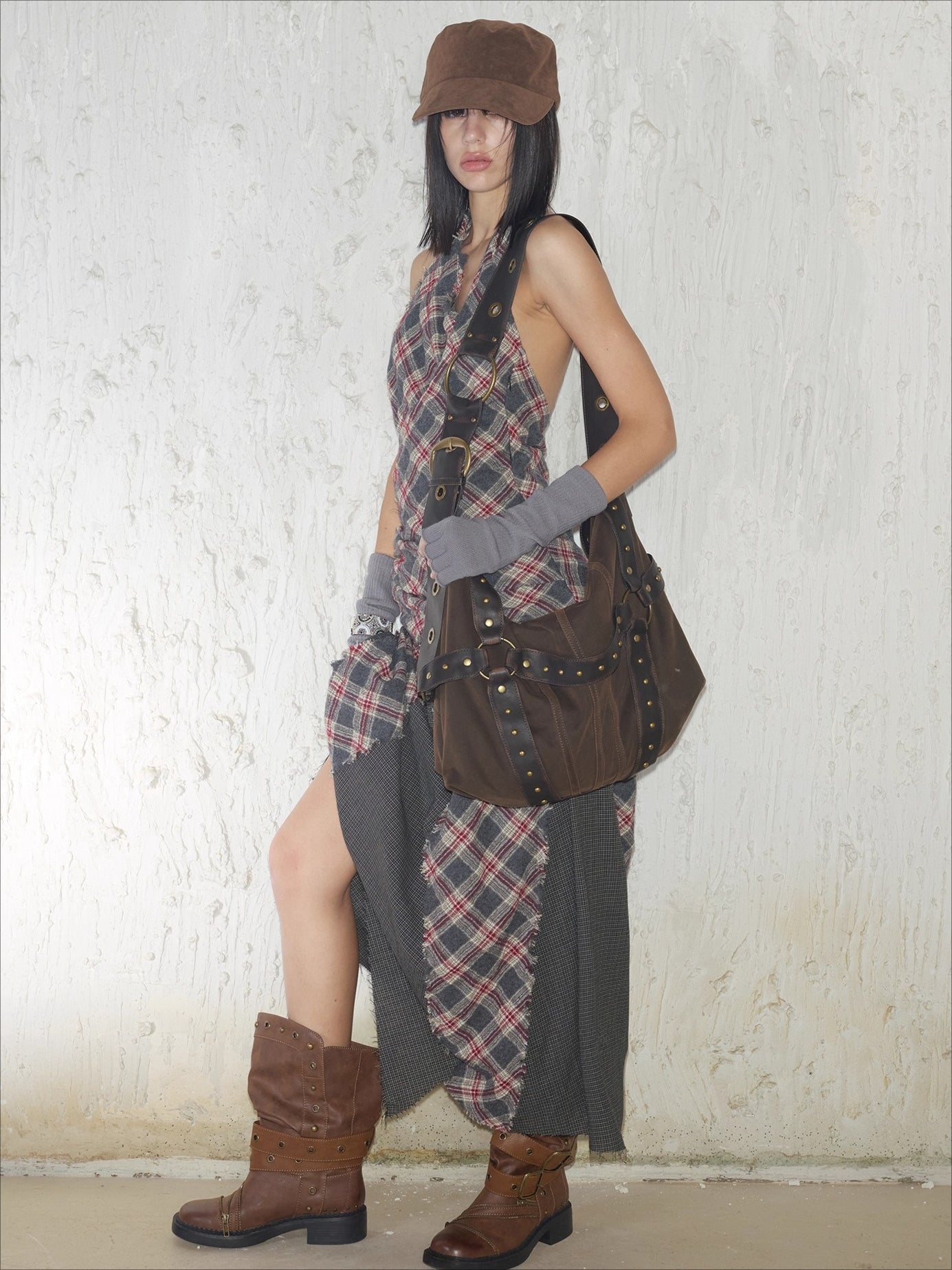 Vintage Studded Wide-Strap Crossbody Bag