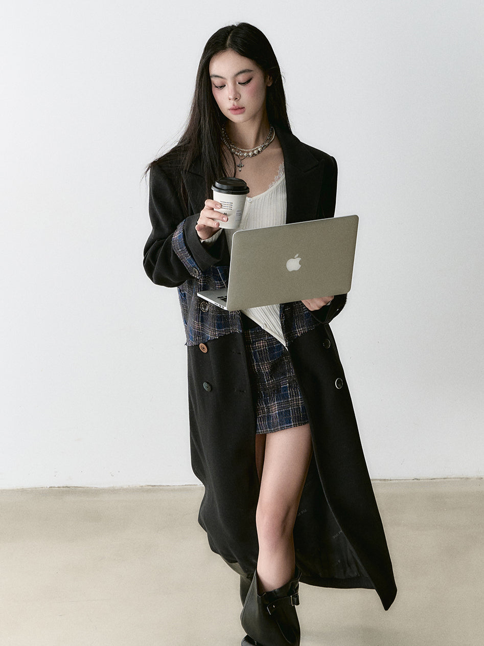 Wool Blend Plaid Patchwork French Coat - CHINASQUAD