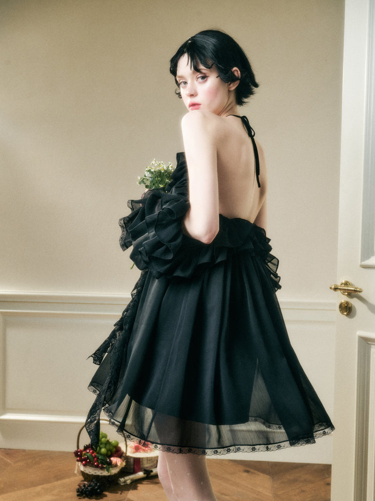 Halter Neck Off-Shoulder Ribbon Dress - CHINASQUAD