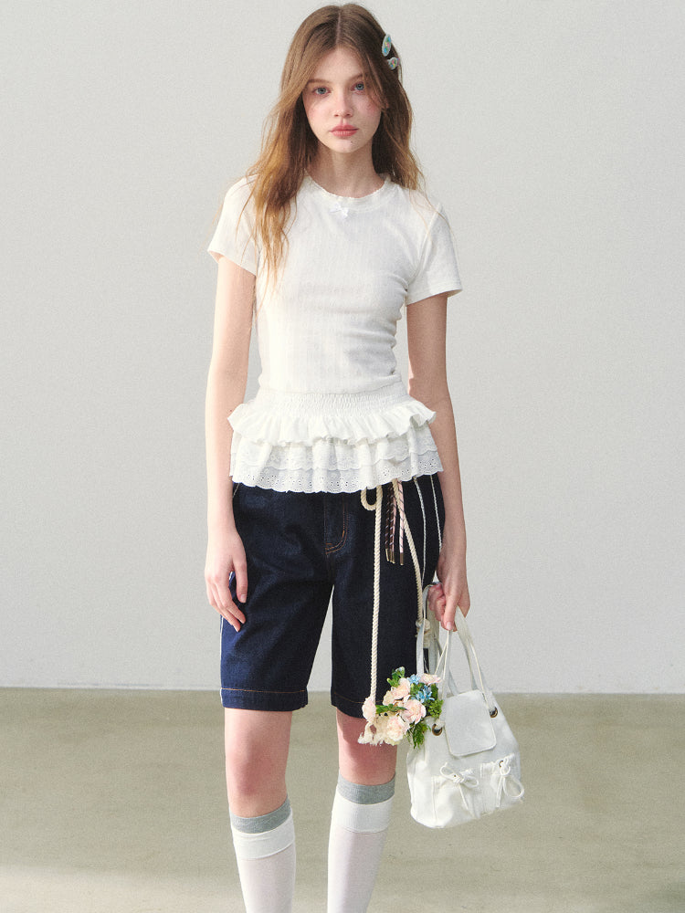 White Lace-hem Short-sleeve T-shirt - CHINASQUAD