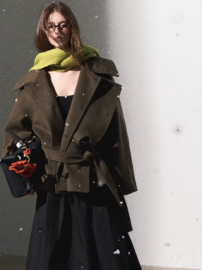 Waist-Defining Silhouette Stand-Collar Wool Coat