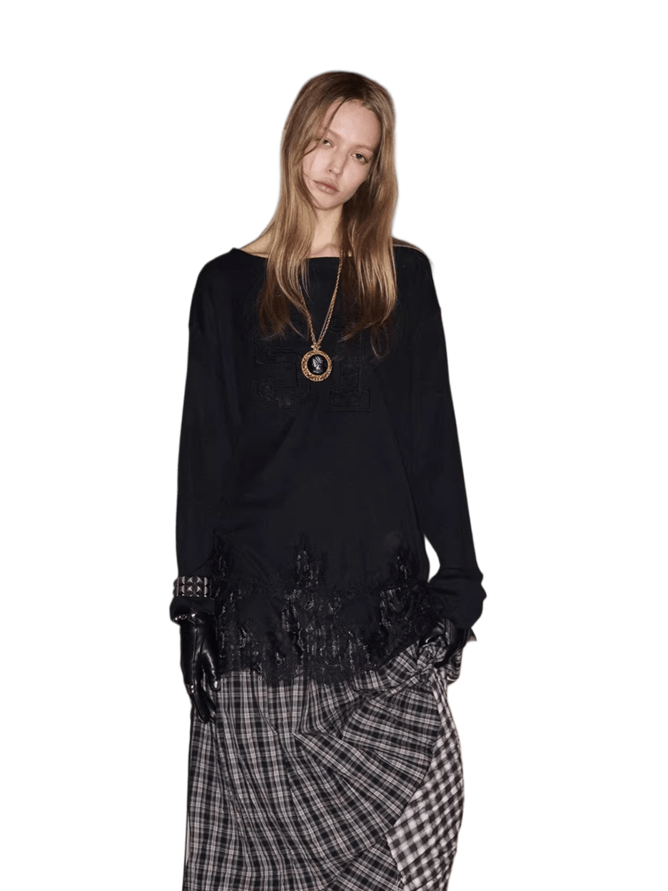 Lace-Hem Drawstring Long-Sleeve T-Shirt