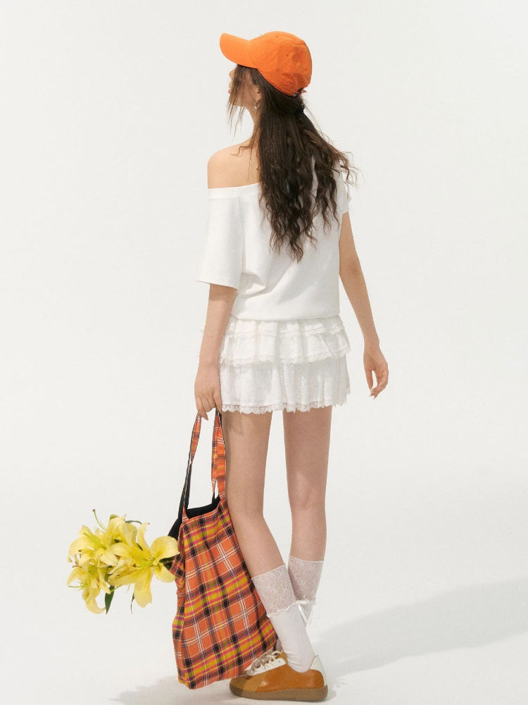 Off-Shoulder Pearl Embroidered Asymmetrical T-shirt - CHINASQUAD