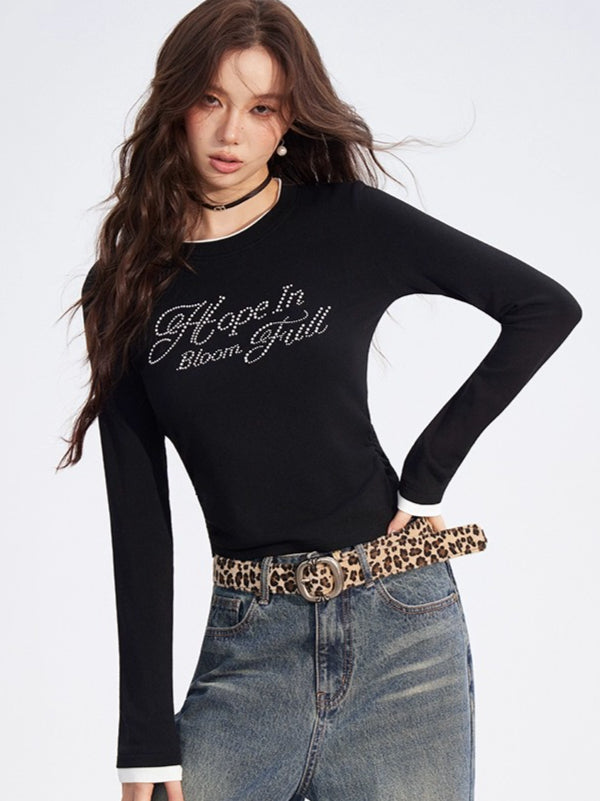 Dual-Layer Letter Embellished Slim-Fit T-Shirt