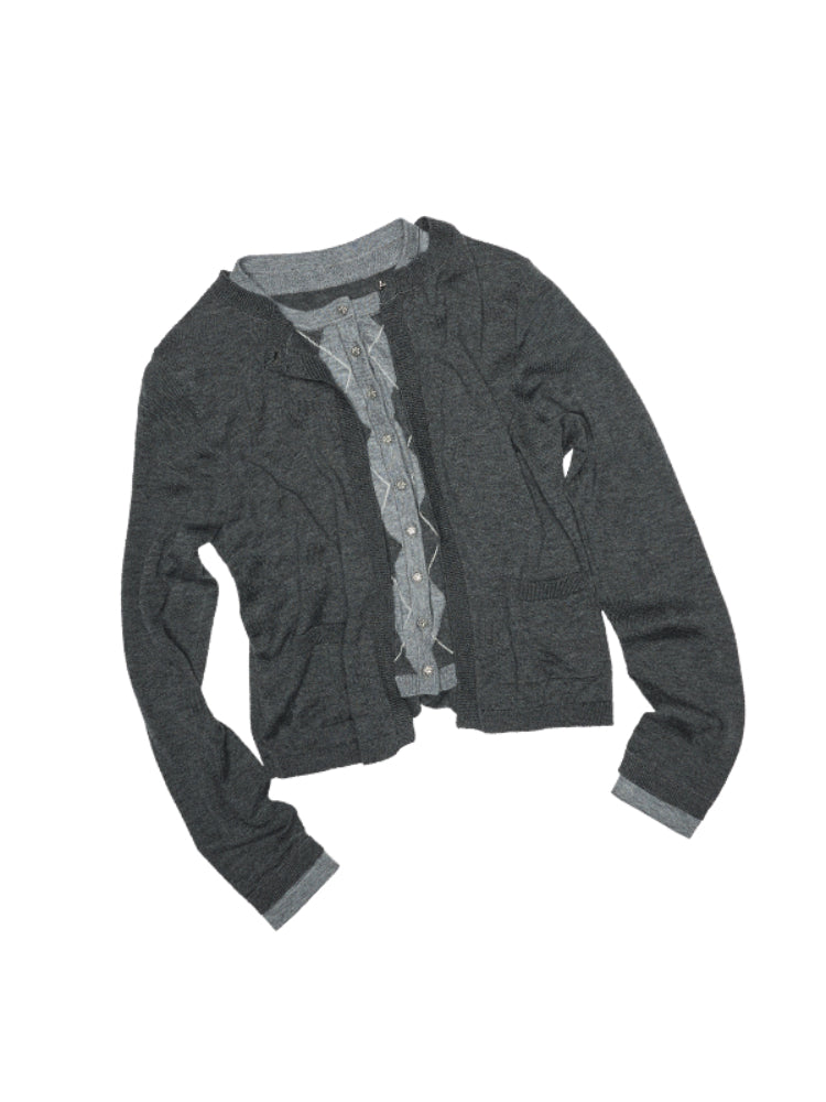 Diamond Pattern Fake Two-Piece Cardigan & Pant Set - CHINASQUAD