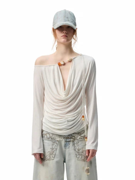 Beaded Cowl Neck Off-shoulder Long-sleeve Tunic - CHINASQUAD