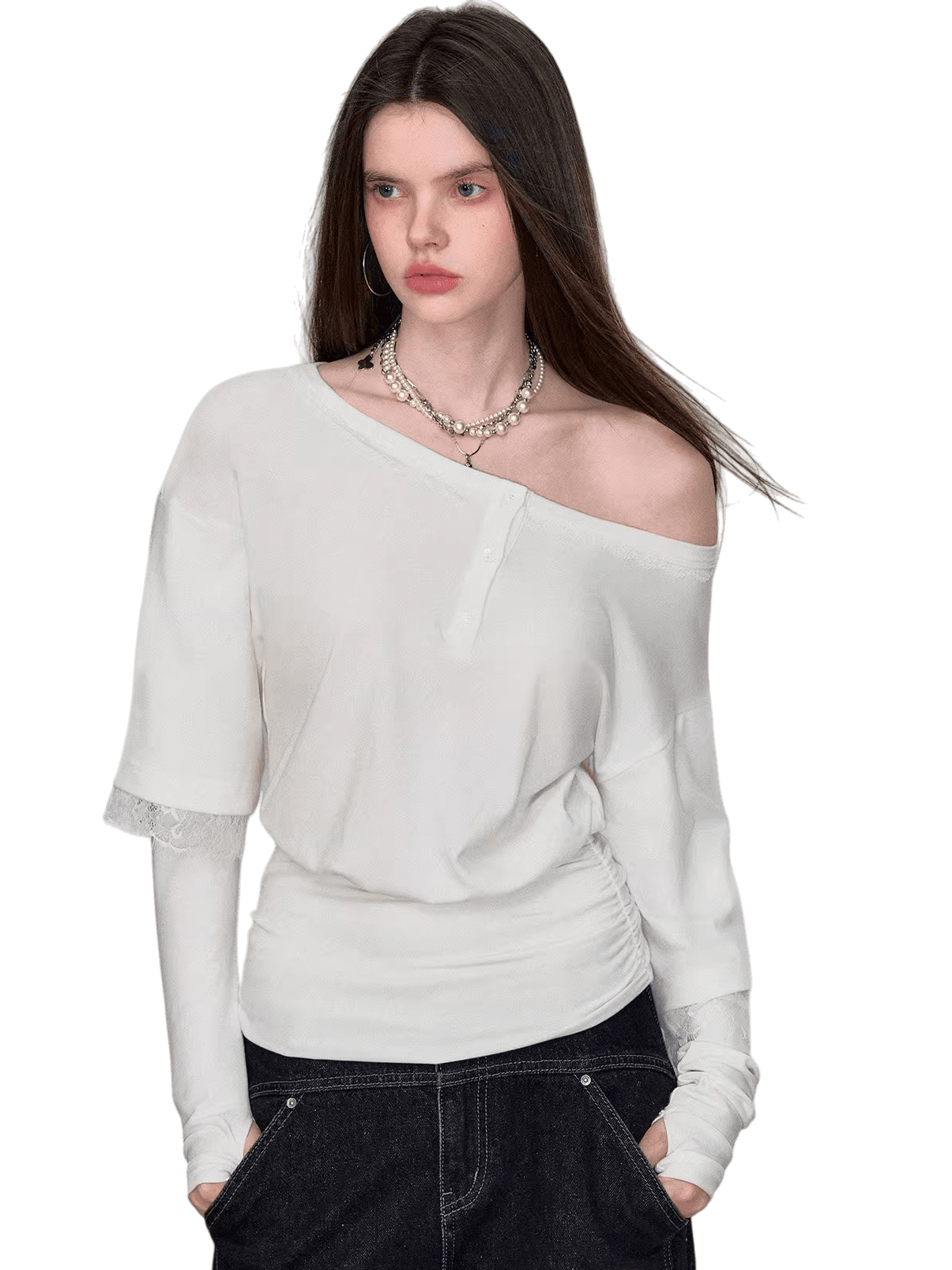 Asymmetric Lace-Panel Faux Layered T-Shirt