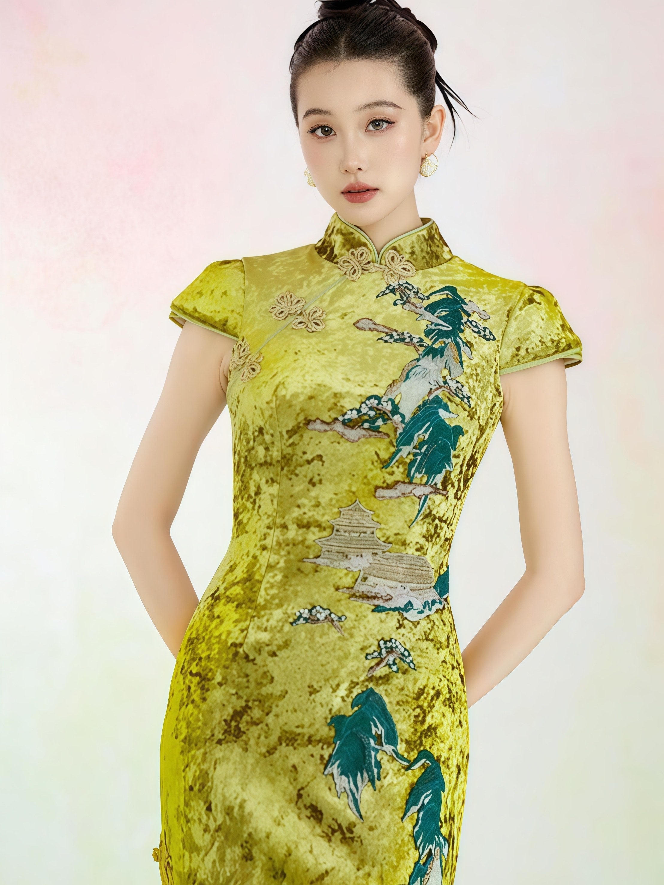 Chartreuse Velvet Embroidered Cheongsam Midi Dress
