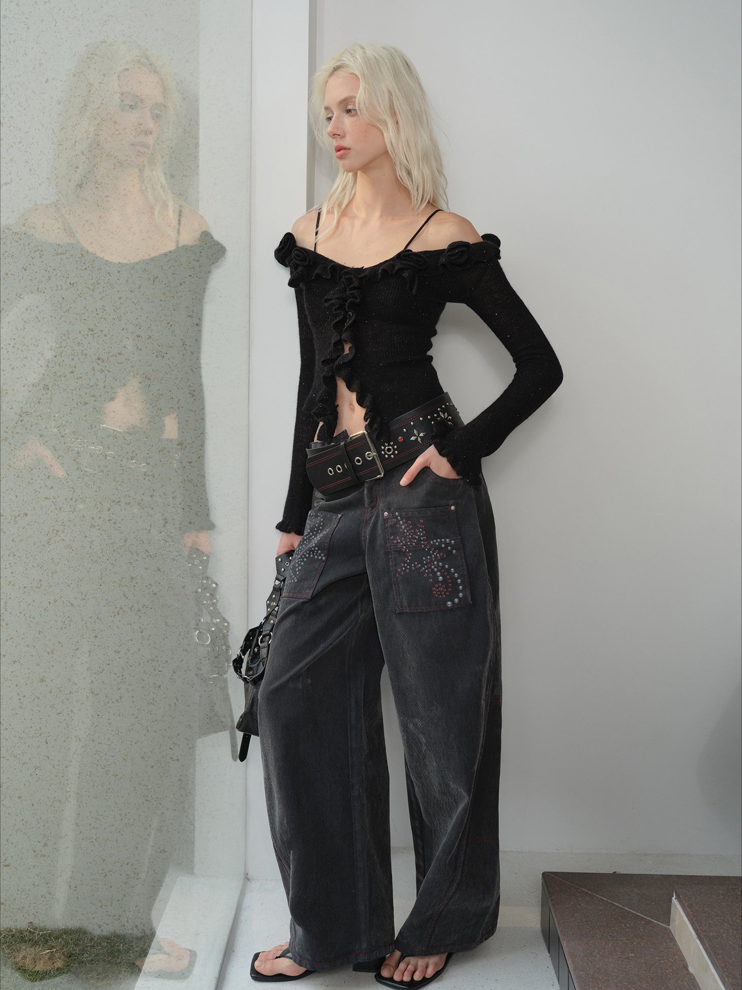 Shimmering Ruffle Off-Shoulder Cardigan - CHINASQUAD