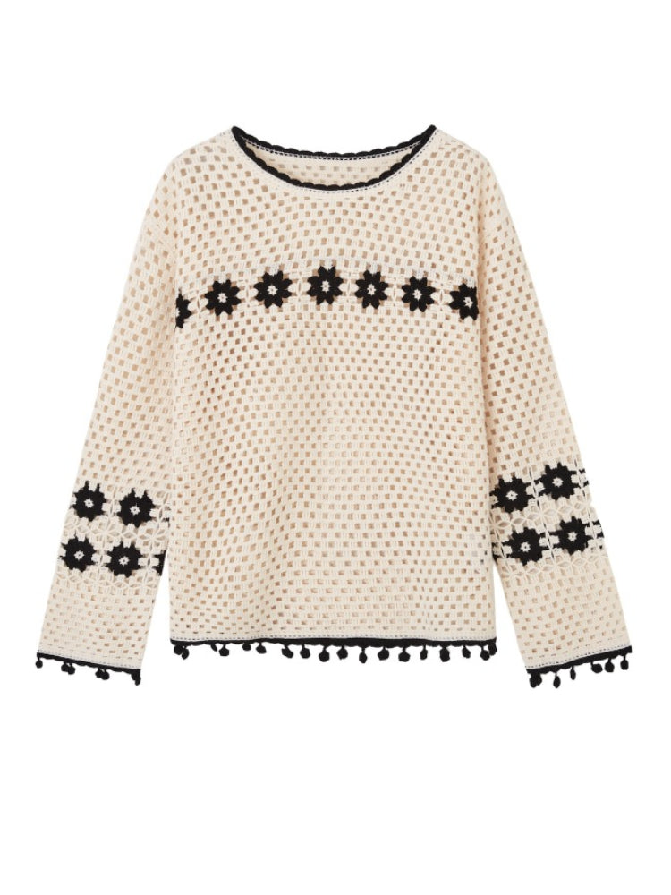 Hollow Out Pullover Crochet Crewneck - CHINASQUAD