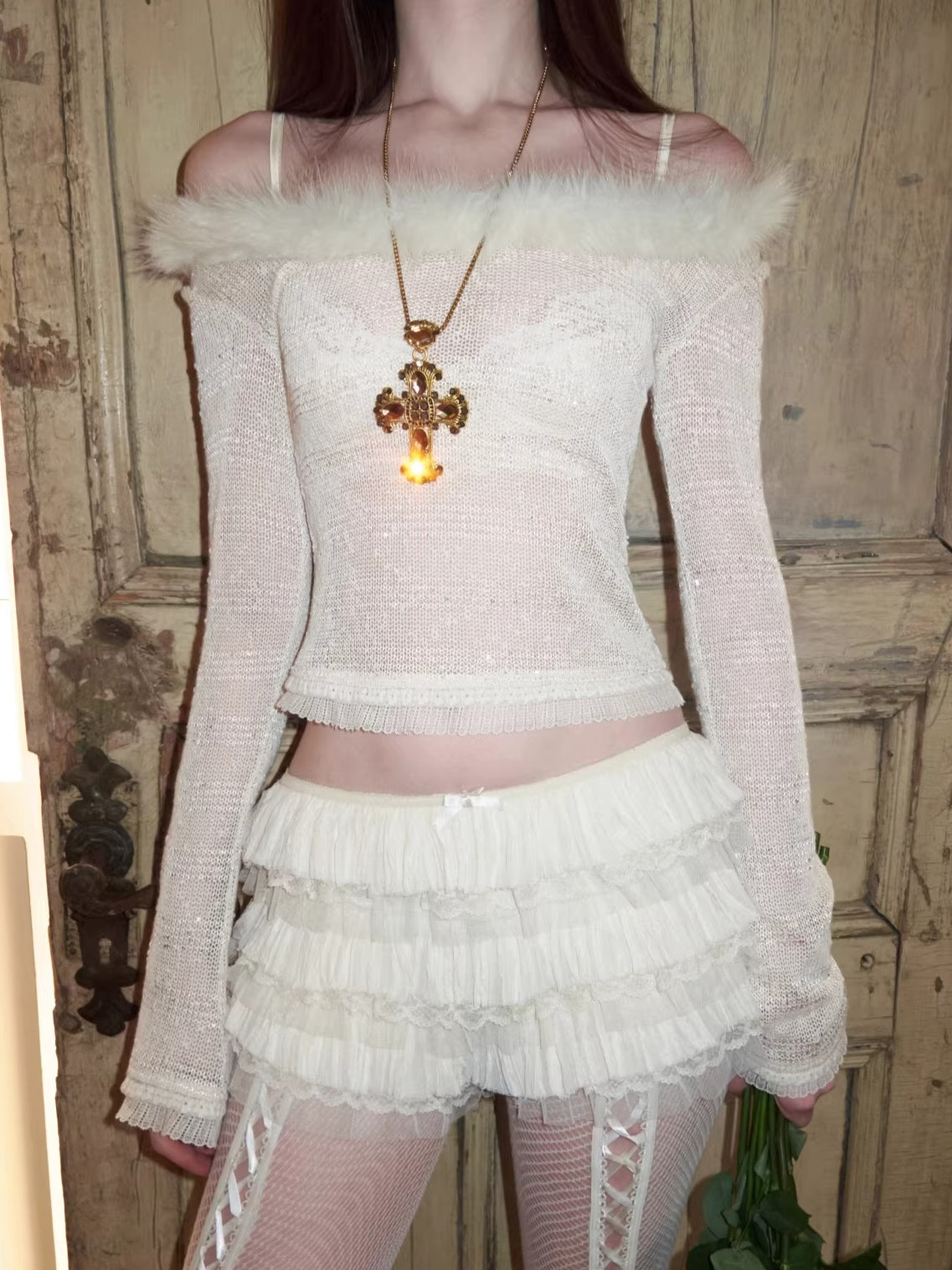 Off-Shoulder Sequin Knit Crewneck