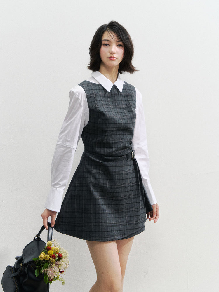 Fake Two-piece Checked Shirt Dress - CHINASQUAD