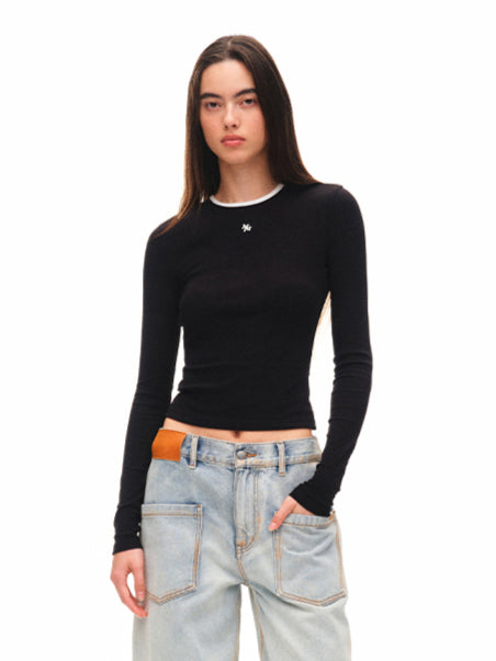 Contrast-trim Regular-shoulder Long-Sleeve T-shirt - CHINASQUAD
