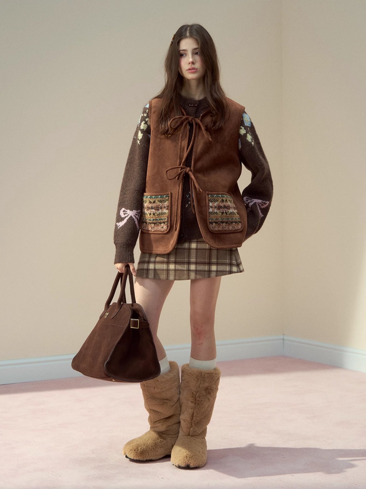 Mocha Fair Isle Reversible Tie-Front Shearling Vest - CHINASQUAD