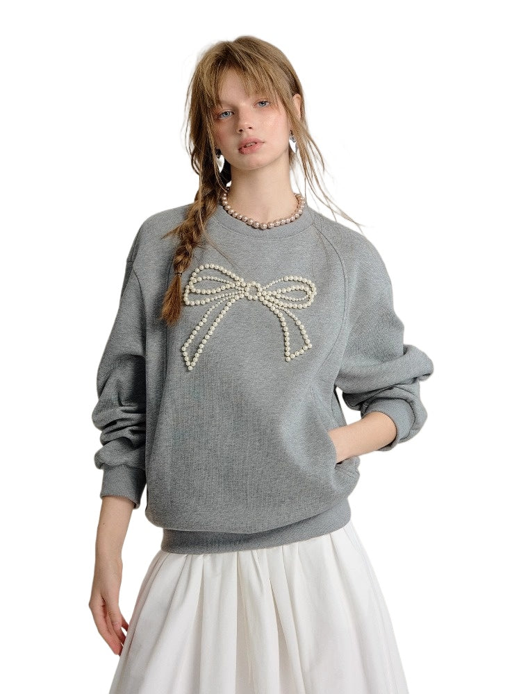 Gray & Navy Blue Butterfly Knot Beaded Pullover Sweatshirt - CHINASQUAD