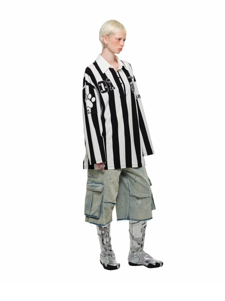Black & White Striped Polo Shirt - CHINASQUAD