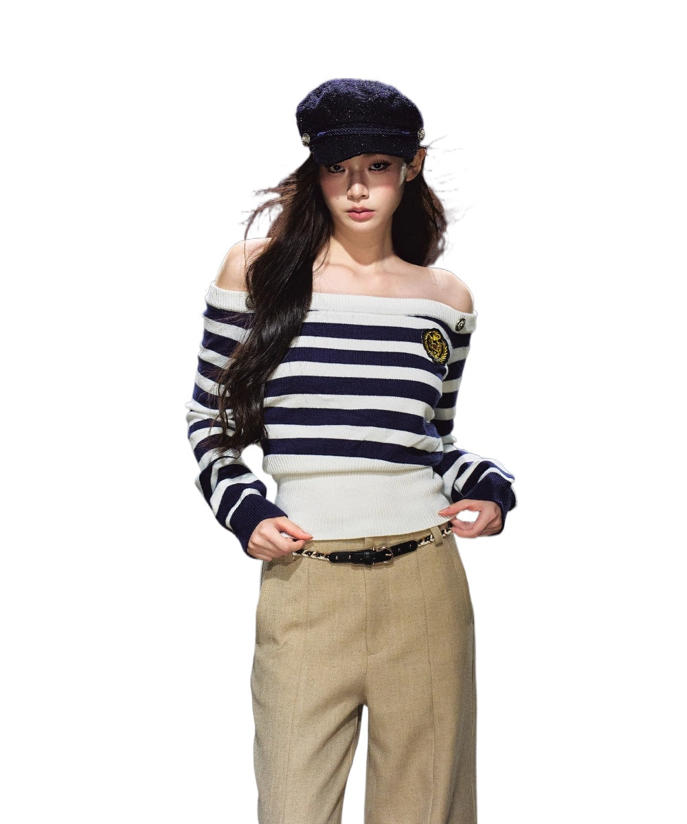 Nautical Stripe Off-Shoulder Knit Sweater - CHINASQUAD