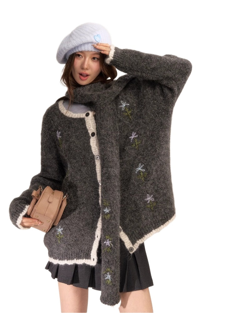 Handcrafted Floral Wool Knit Cardigan & Scarf - CHINASQUAD