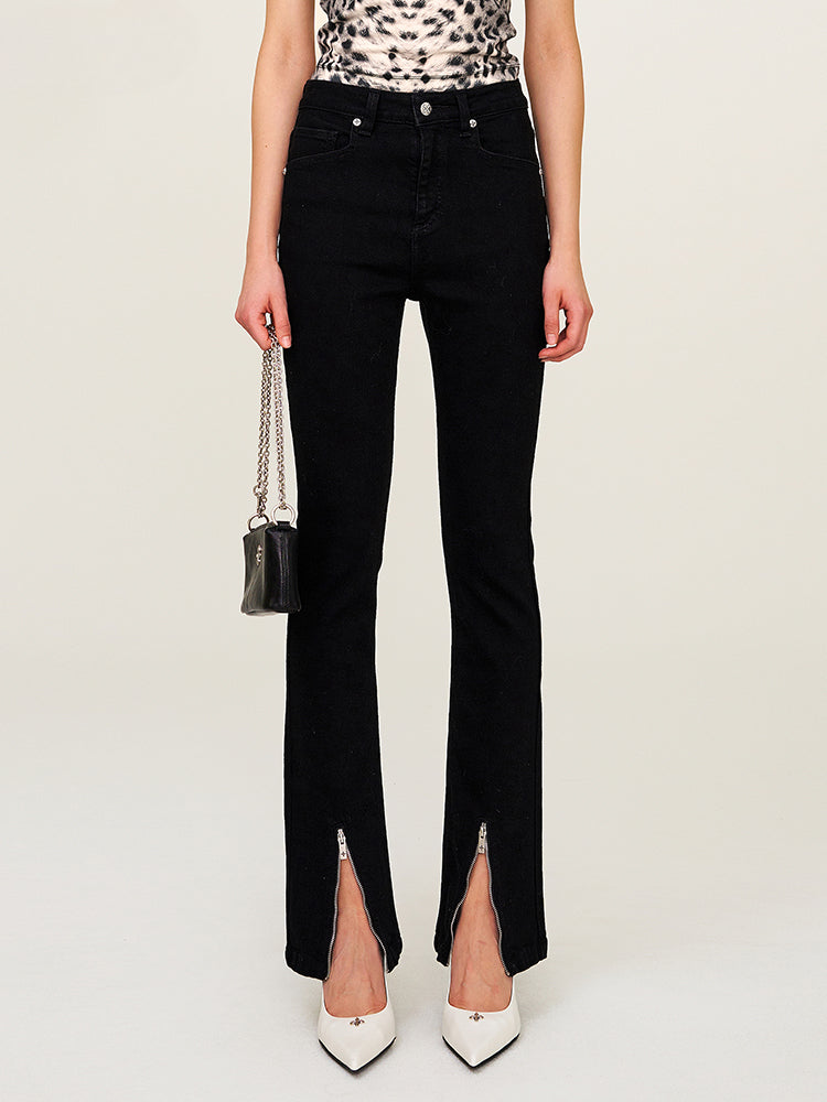 Rivet Biker Zipper Elastic Split Flare Jeans
