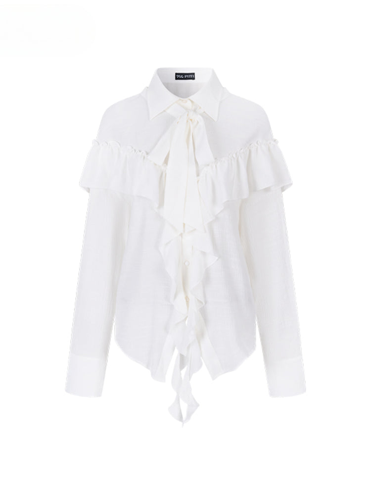White Ruffled Drawstring Long-Sleeve Shirt - CHINASQUAD