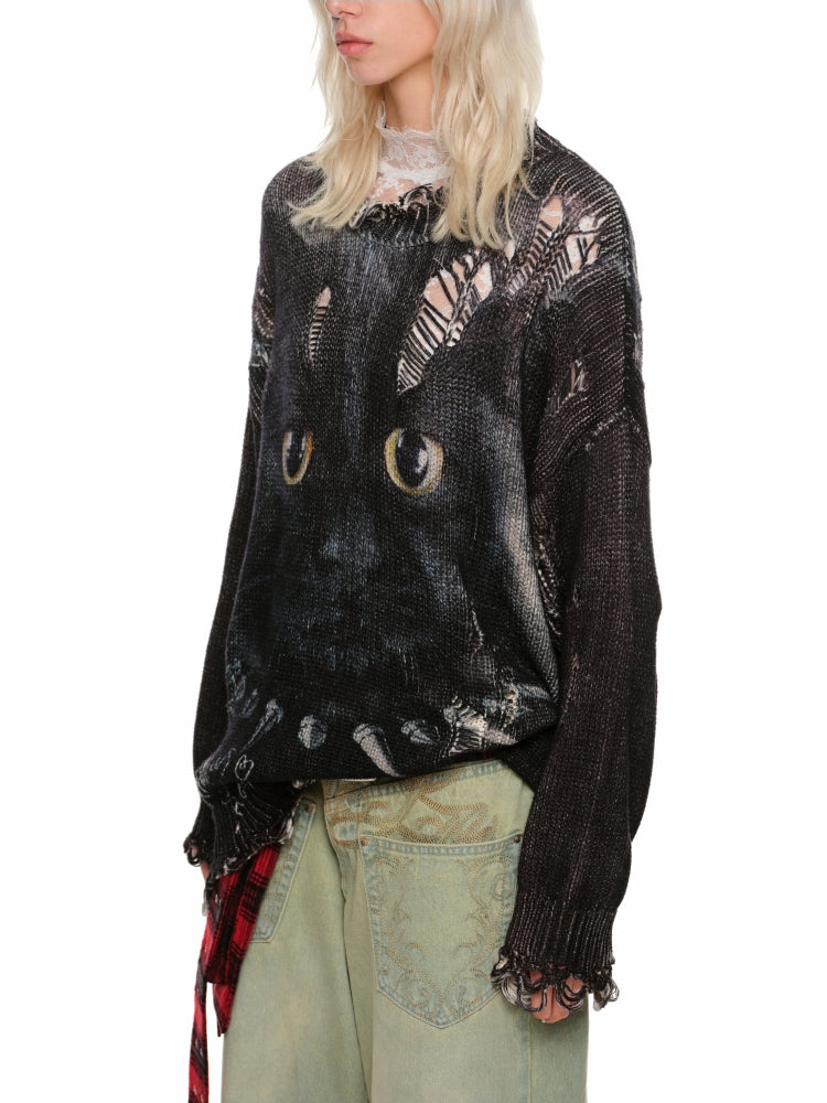 Cat Print Distressed Knit Sweater - CHINASQUAD