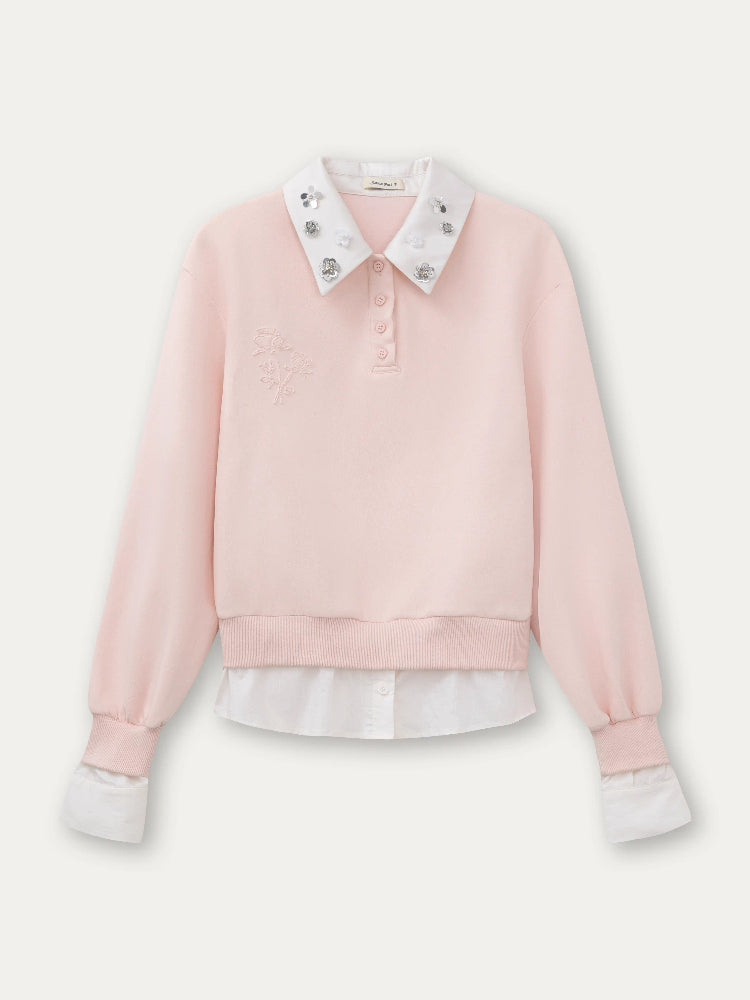 Rhinestone Rose Fake Two-Piece Sweatshirt