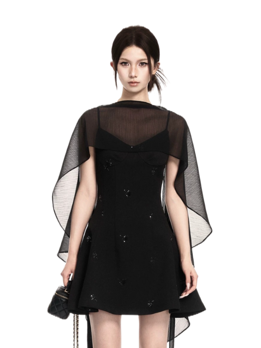 Midnight Embroidered Draped Two-Piece Dress Set