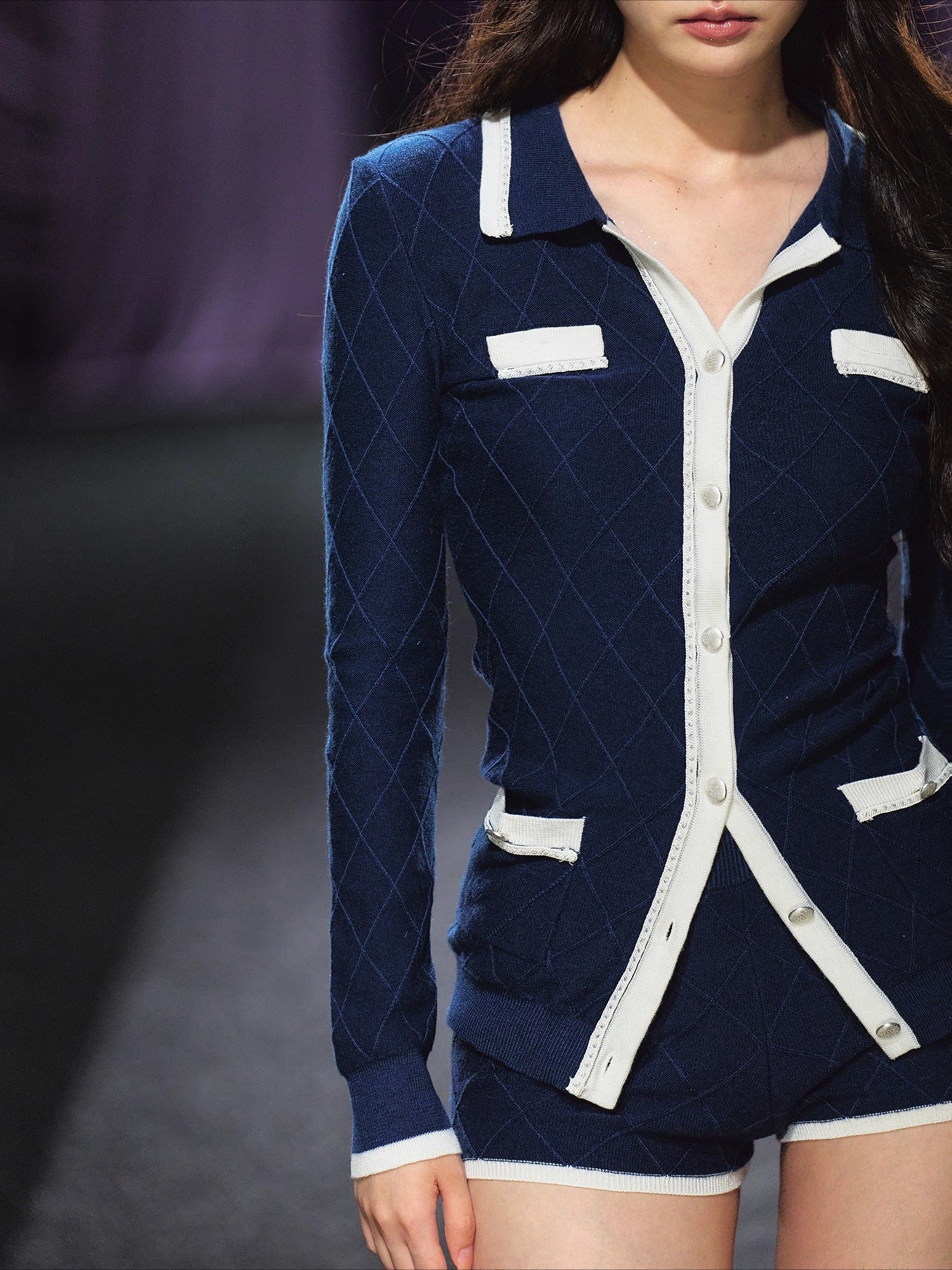 Tweed-Style Diamond Knit Cardigan & Shorts Set - CHINASQUAD