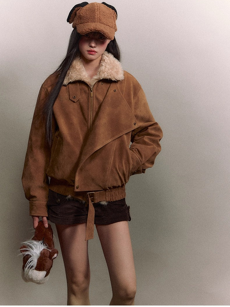Original Suede Shearling Moto Oversized Lapel Jacket - CHINASQUAD