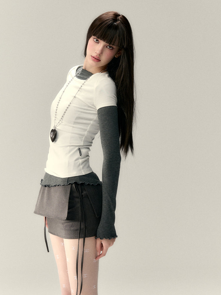 (Final Sale) Faux Two-Piece Tie Waist Denim Skirt - CHINASQUAD