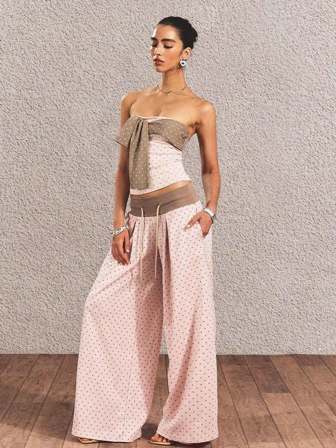 Polka-Dot Bandeau Top & Straight-Leg Pants Set