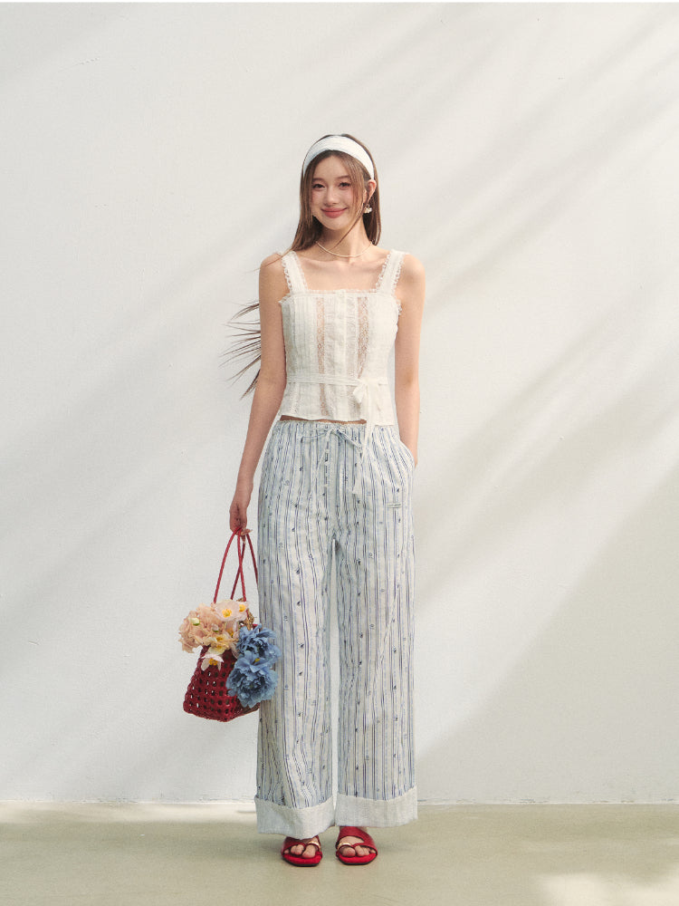 Striped Print Patchwork Embroidery Lace Straight Pants - CHINASQUAD