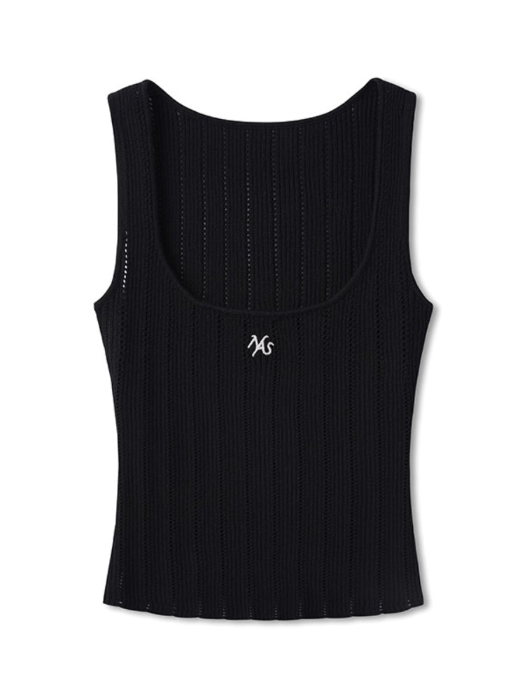 Hollow-out Square Neck Knit Tank Top - CHINASQUAD