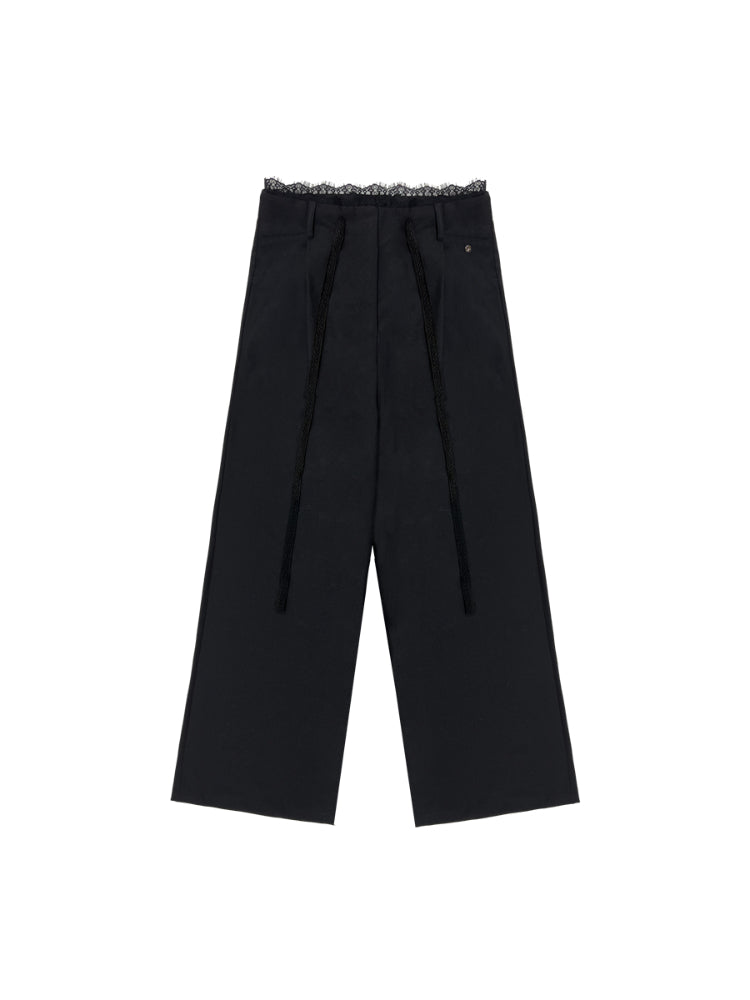 Lace Spliced High-Waisted Straight-Leg Wide Pants - CHINASQUAD