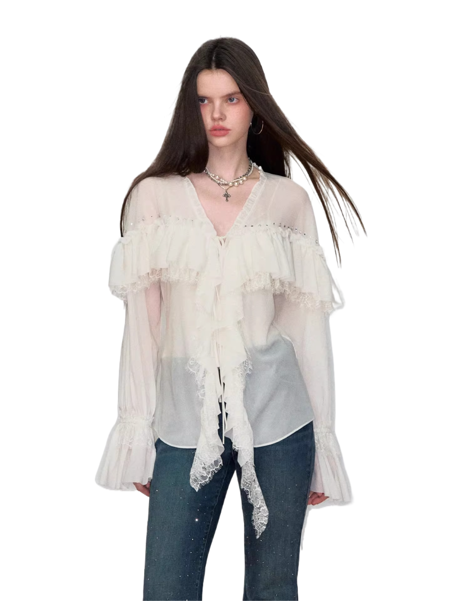 Sheer Lace-Trim Tie Blouse