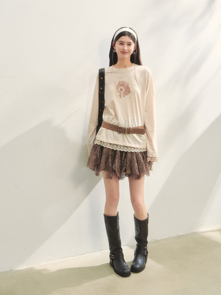 Lace Panel Animal Print Long-Sleeve Tee - CHINASQUAD