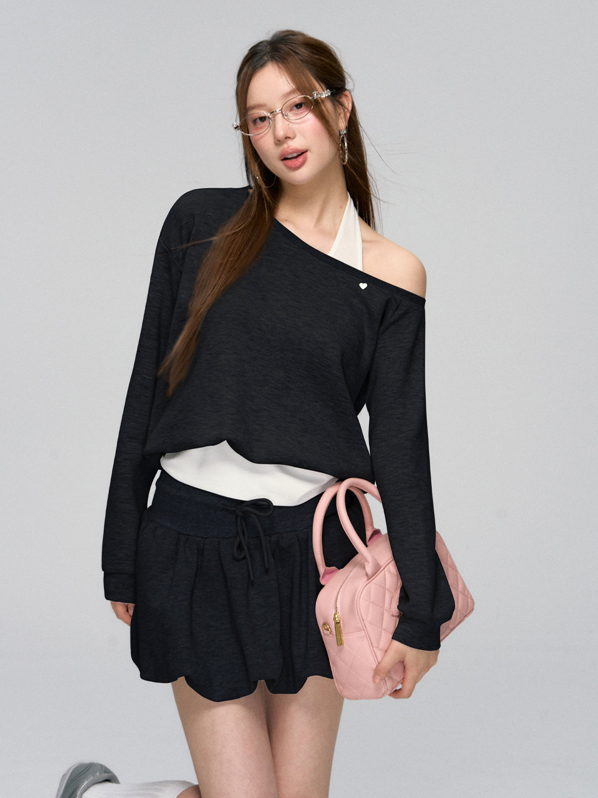 Gray Sporty Slanted Sweatshirt & Skirt Set - CHINASQUAD