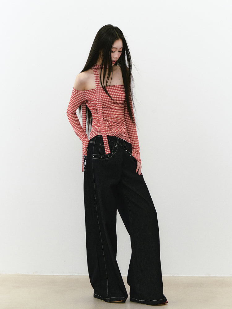 Plaid Mesh Ribbon Sunshade Long Sleeve T-shirt - CHINASQUAD